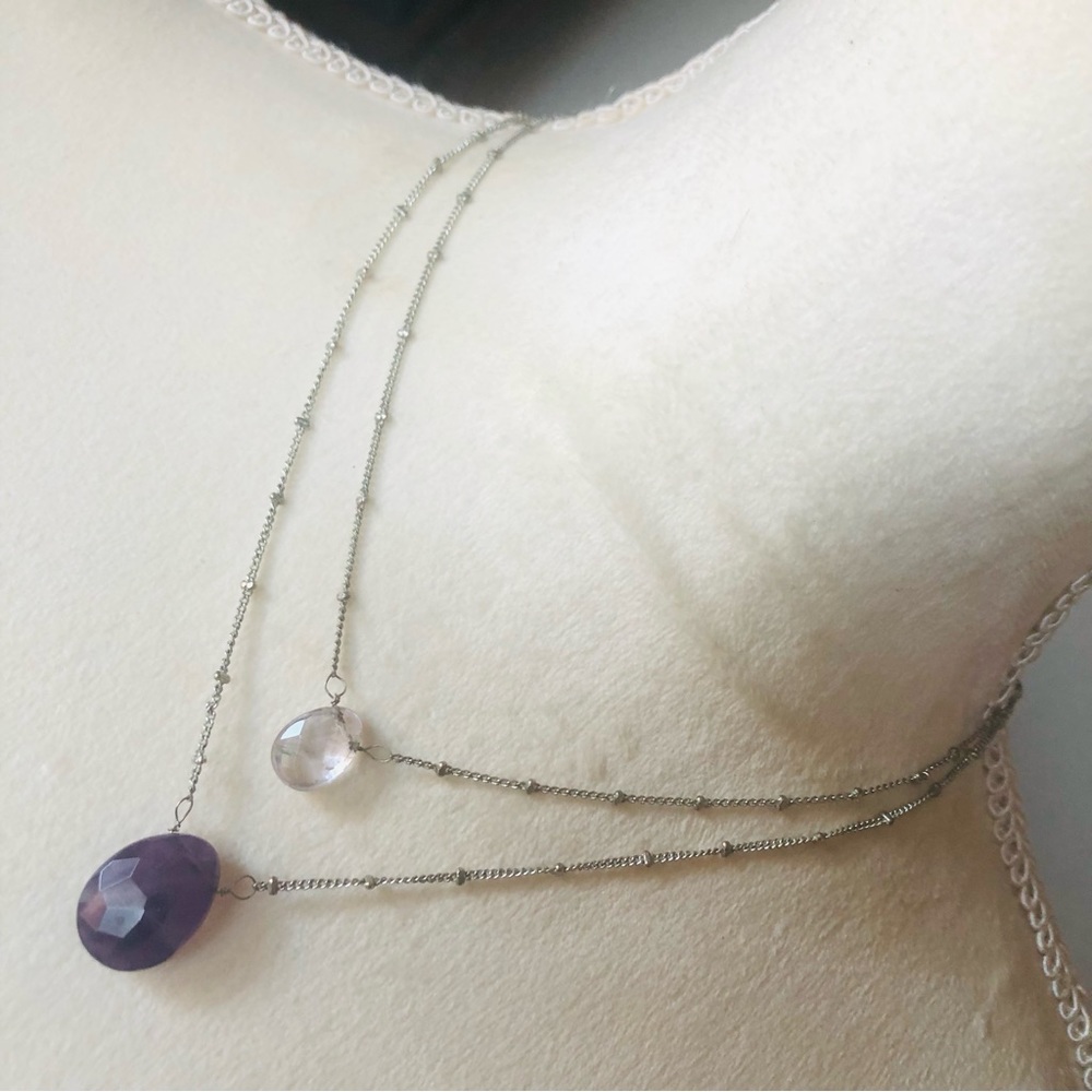 Vintage double strand genuine faceted amethyst and quartz teardrop necklace